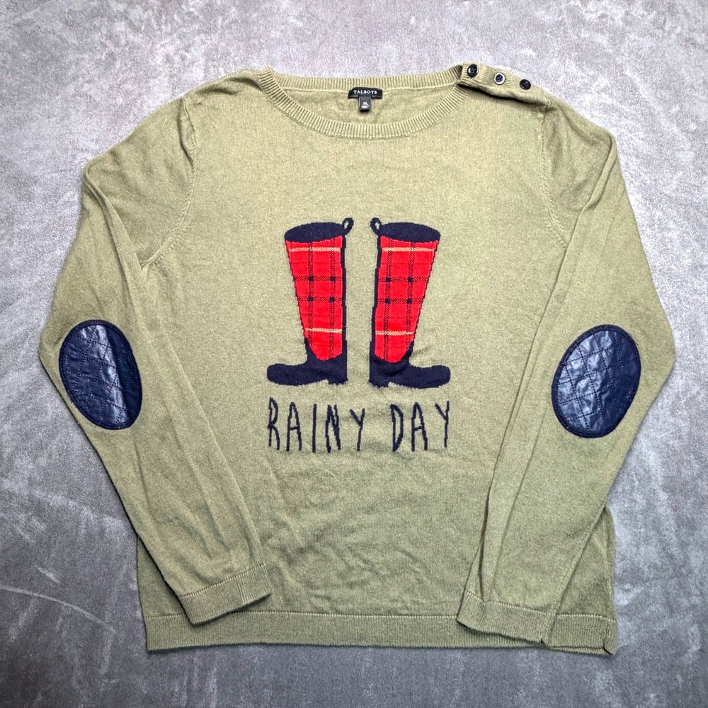 Talbots Sweater Womens XL Olive Green Rainy Day Plaid Boots‎ Leather Elbow Patch